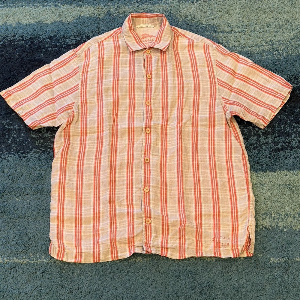 Tommy Bahama 100% Linen Short Sleeve Button Up Shirt Tan Orange Stripes Men's M
